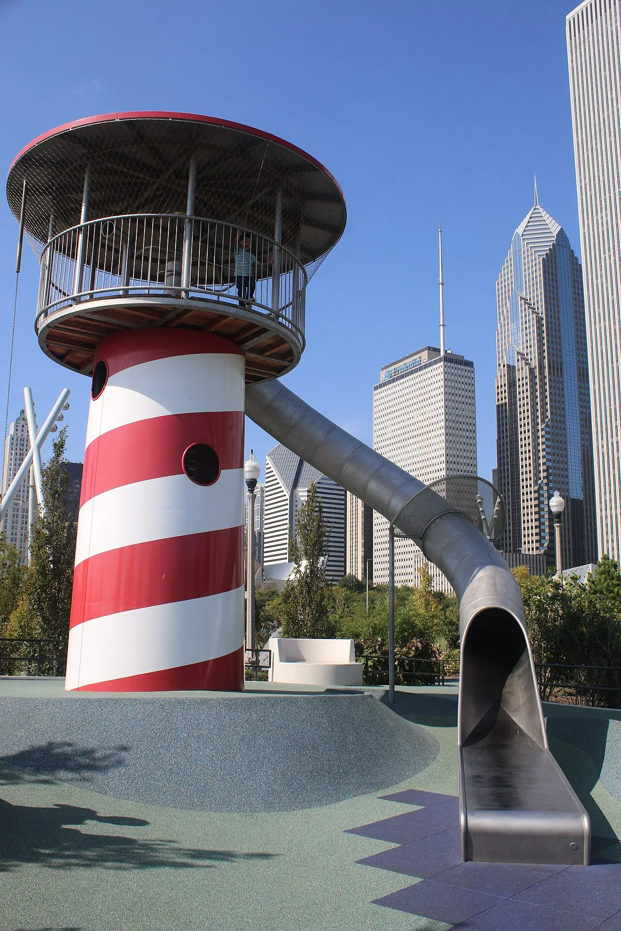 Striped play tower and climbing structures at Maggie Daley Park, Chicago