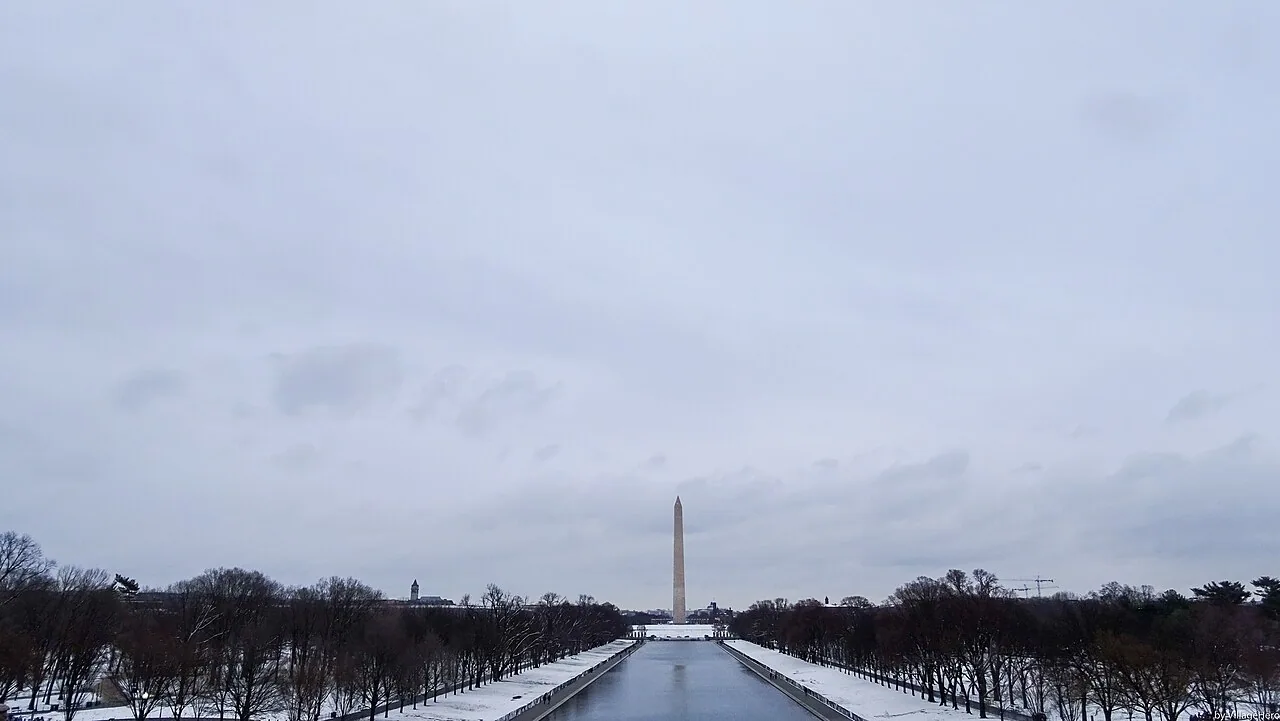 Washington Monument and Reflecting Pool viewed in winter