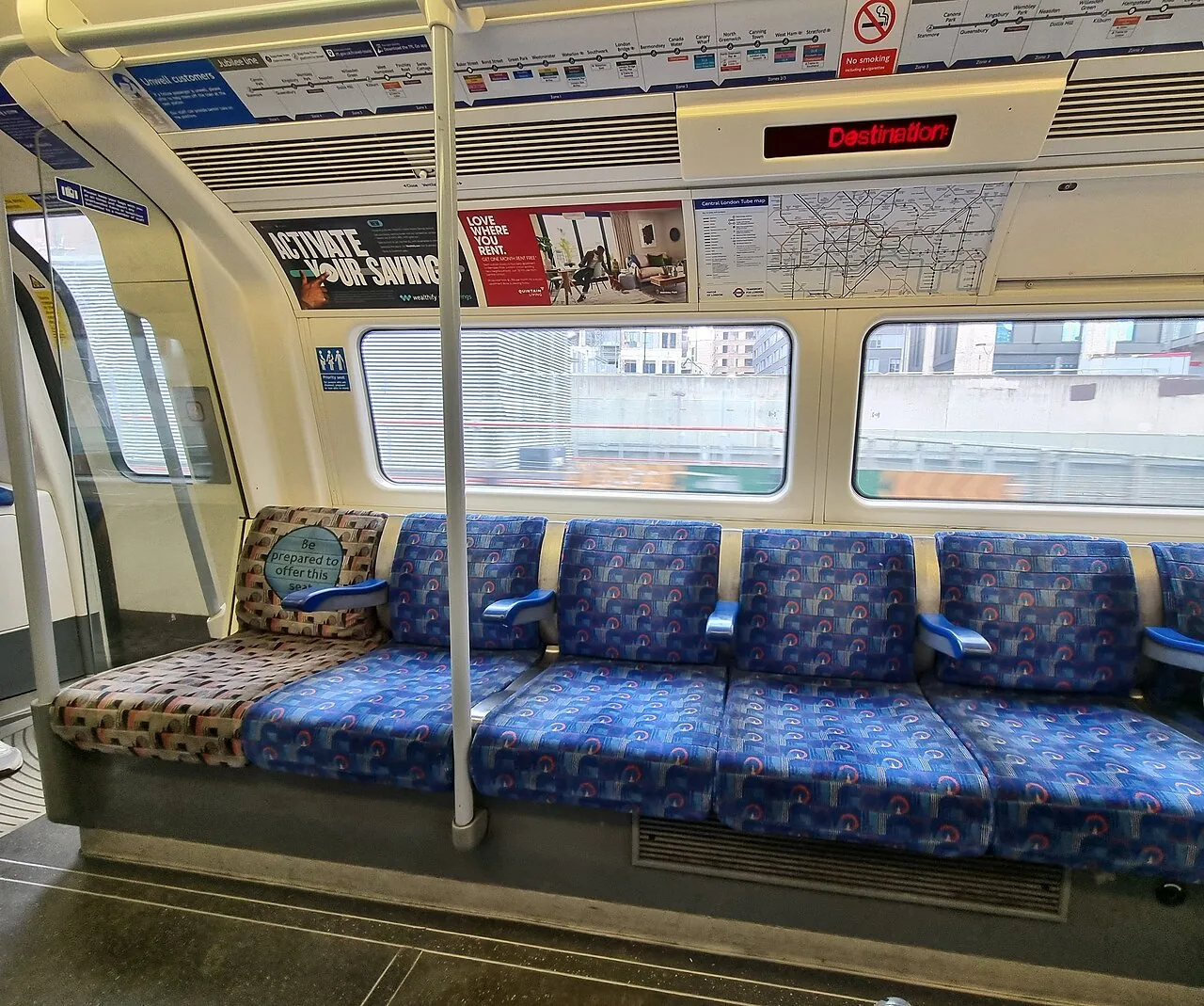 Patterned seats inside a London Underground train