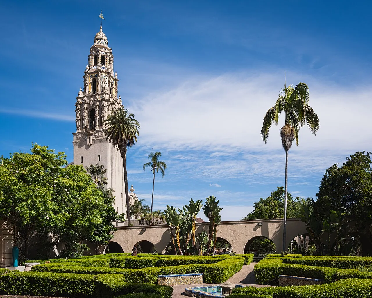 California Tower framed by the Alcazar Garden in Balboa Park, San Diego