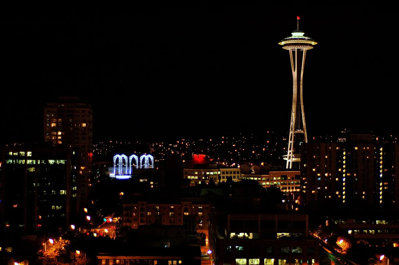 Seattle skyline and illuminated Space Needle after dark